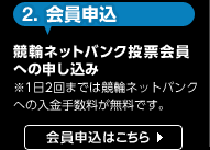 2.会員申込。競輪ネットバンク投票会員への申し込み。注、1日2回までは競輪ネットバンクへの入金手数料が無料です。会員申込はこちら。