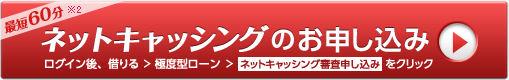 最短60分(※1) ネットキャッシングのお申し込み(ログイン) ログイン後、借りる>極度型ローン>ネットキャッシング審査申し込み をクリック