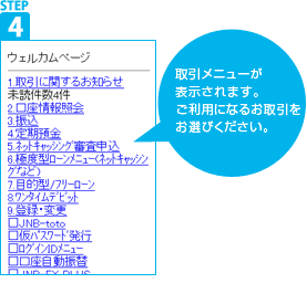 STEP4 ������j���[���\������܂��B�����p�ɂȂ邨��������I�т��������B