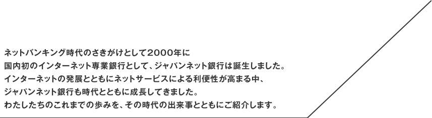 ネットバンキング時代のさきがけとして2000年に国内初のインターネット専業銀行として、ジャパンネット銀行は誕生しました。インターネットの発展とともにネットサービスによる利便性が高まる中、ジャパンネット銀行も時代とともに成長してきました。わたしたちのこれまでの歩みを、その時代の出来事とともにご紹介します。