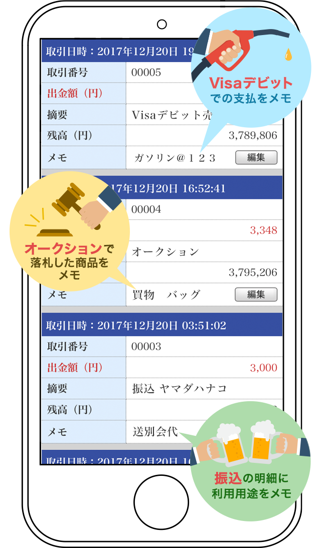 普通預金取引明細照会メモ機能 ジャパンネット銀行