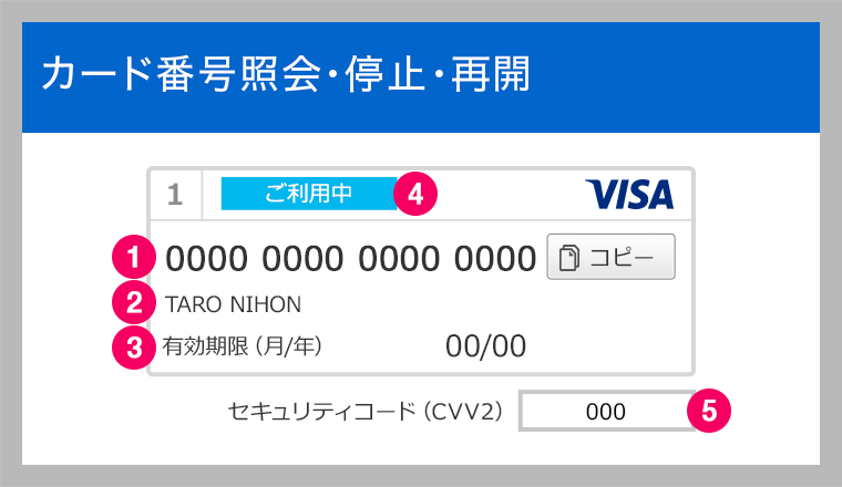 Visaデビット　カード番号照会・停止・再開　画面イメージ